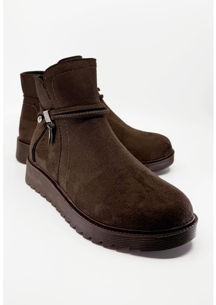 Sade Fermuarlı Aksesuarlı Düz Bot KAHVE SÜET