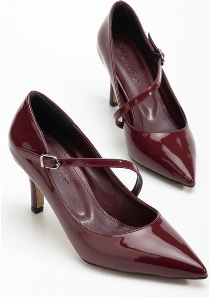 Büyük Beden Kadın Stiletto Ince Topuklu Ayakkabı Bordo Rugan Baretli