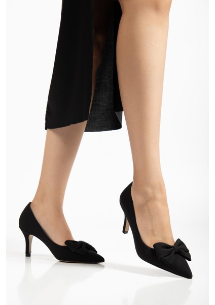 Büyük Beden Kadın Stiletto Ince Topuklu Ayakkabı Siyah Saten Fiyonklu fiyatları