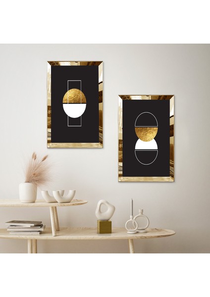 Gold Aynalı Pleksi Çerçeveli Siyah Arka Planlı Dekoratif Şekiller Ikili Mdf Tablo Seti fiyatları