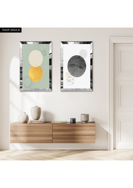 Gümüş Aynalı Pleksi Çerçeveli Minimalist Modern Şekiller Ikili Mdf Tablo Seti
