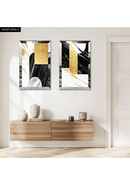 Gümüş Aynalı Pleksi Çerçeveli Dekoratif Gold ve Siyah Desenler Ikili Mdf Tablo Seti
