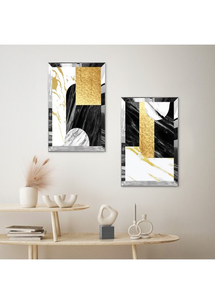 Gümüş Aynalı Pleksi Çerçeveli Dekoratif Gold ve Siyah Desenler Ikili Mdf Tablo Seti fiyatları