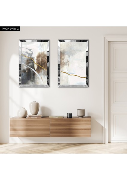 Gümüş Aynalı Pleksi Çerçeveli Beyaz Arka Planlı Siyah ve Gold Desenli Ikili Mdf Tablo Seti