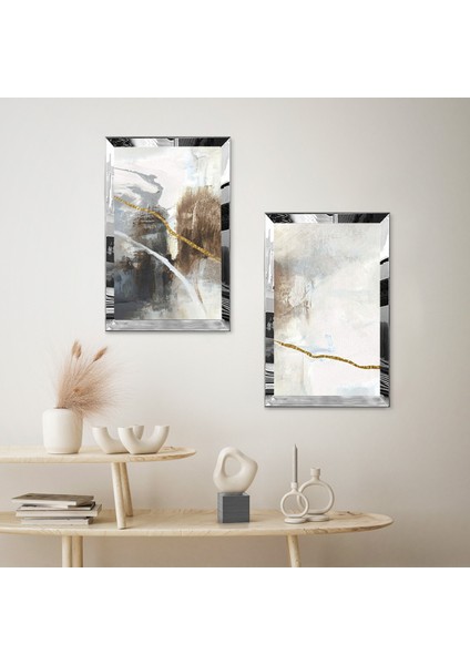 Gümüş Aynalı Pleksi Çerçeveli Beyaz Arka Planlı Siyah ve Gold Desenli Ikili Mdf Tablo Seti fiyatları