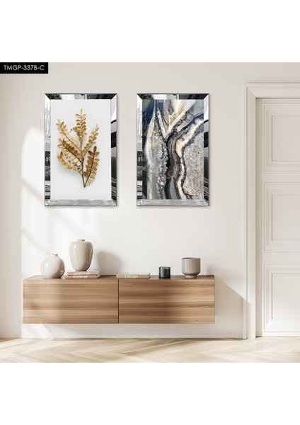 Gümüş Aynalı Pleksi Çerçeveli Beyaz Arka Planlı Gold Çiçek Desenli Ikili Mdf Tablo Seti