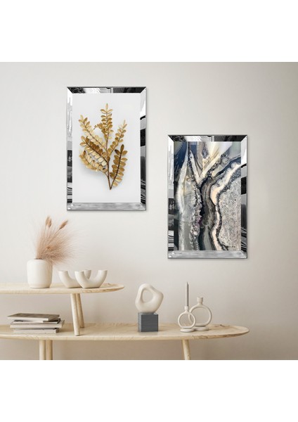 Gümüş Aynalı Pleksi Çerçeveli Beyaz Arka Planlı Gold Çiçek Desenli Ikili Mdf Tablo Seti fiyatları
