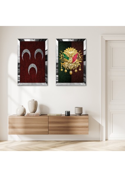 Gümüş Aynalı Pleksi Çerçeveli Kırmızı 3 Hilal ve Osmanlı Tuğrası Ikili Mdf Tablo Seti