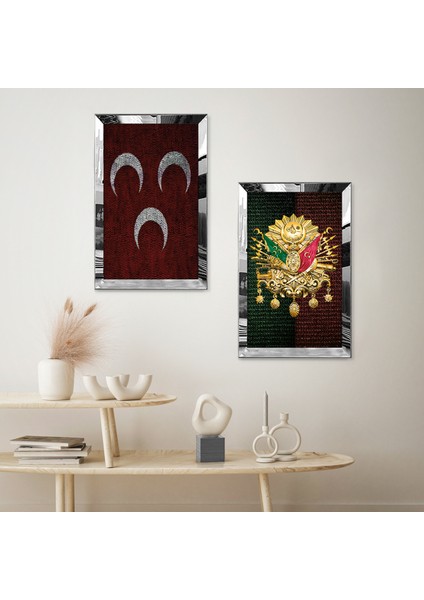Gümüş Aynalı Pleksi Çerçeveli Kırmızı 3 Hilal ve Osmanlı Tuğrası Ikili Mdf Tablo Seti fiyatları