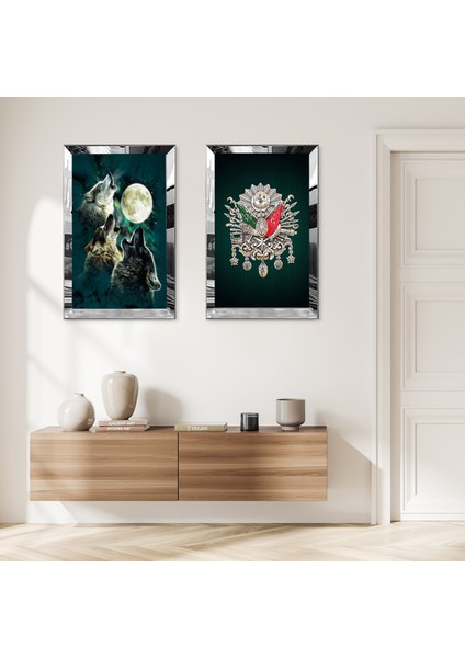 Gümüş Aynalı Pleksi Çerçeveli Osmanlı Tuğrası ve Uluyan Kurtlar Ikili Mdf Tablo Seti