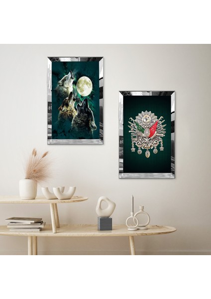 Gümüş Aynalı Pleksi Çerçeveli Osmanlı Tuğrası ve Uluyan Kurtlar Ikili Mdf Tablo Seti fiyatları