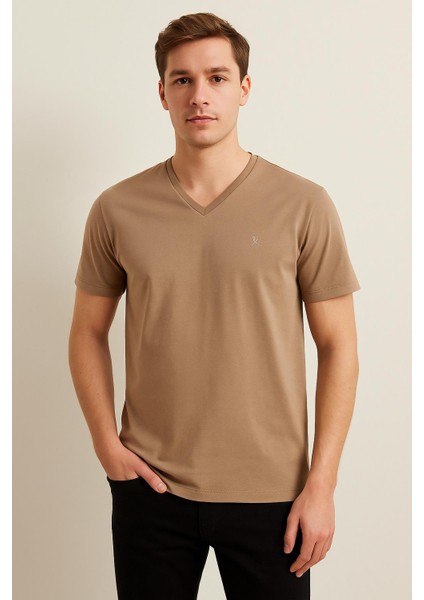 Erkek Vizon Rengi V Yaka Basic Tişört 2565