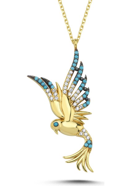 Prenses Mavi Taşlı Anka Kuşu Altın Kaplama Kolye