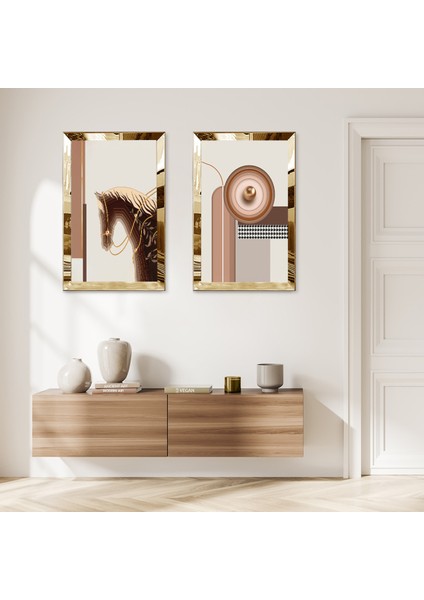 Gold Aynalı Pleksi Çerçeveli Soyut At Modern Ikili Mdf Tablo Seti