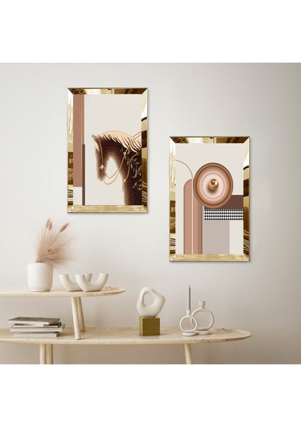 Gold Aynalı Pleksi Çerçeveli Soyut At Modern Ikili Mdf Tablo Seti fiyatları