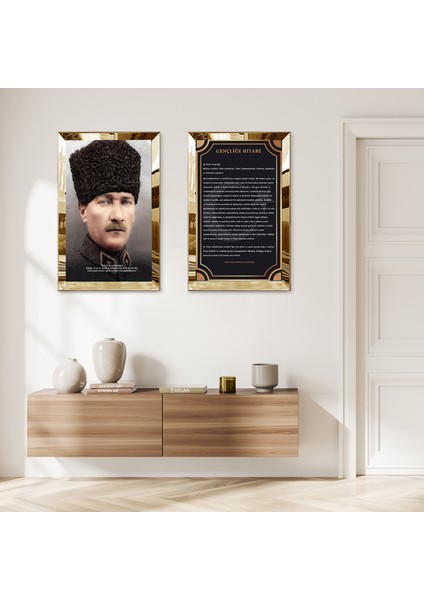 Gold Aynalı Pleksi Çerçeveli Atatürk ve Gençliğe Hitabe Ikili Mdf Tablo Seti
