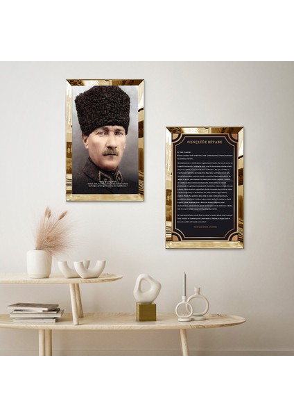 Gold Aynalı Pleksi Çerçeveli Atatürk ve Gençliğe Hitabe Ikili Mdf Tablo Seti fiyatları