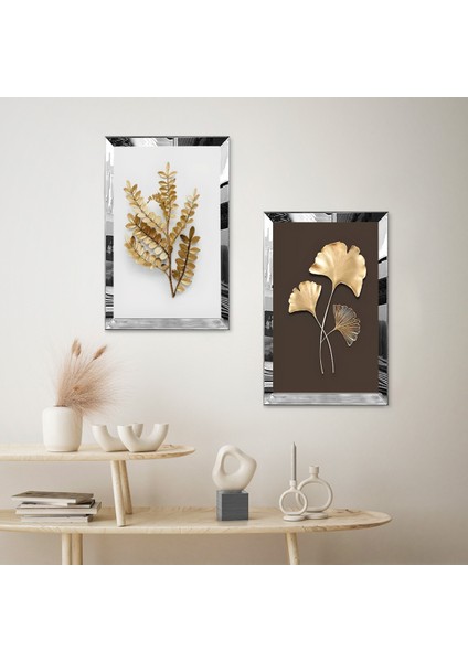 Gümüş Aynalı Pleksi Çerçeveli Gold Kurutulmuş Çiçek Dekoratif Ikili Mdf Tablo Seti