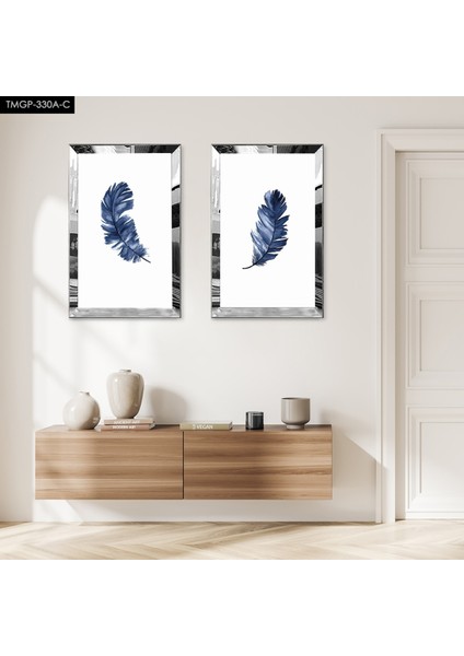 Gümüş Aynalı Pleksi Çerçeveli Beyaz Arka Planlı Mavi Yaprak Modern Ikili Mdf Tablo Seti