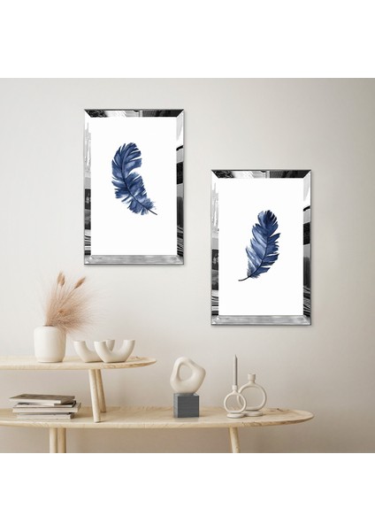 Gümüş Aynalı Pleksi Çerçeveli Beyaz Arka Planlı Mavi Yaprak Modern Ikili Mdf Tablo Seti fiyatları
