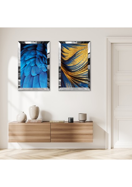 Gümüş Aynalı Pleksi Çerçeveli Mavi Tüyler ve Mavi Altın Kum Desenli Ikili Mdf Tablo Seti
