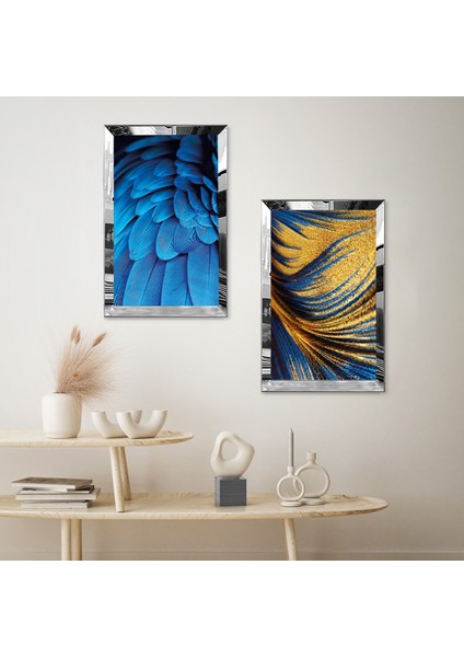 Gümüş Aynalı Pleksi Çerçeveli Mavi Tüyler ve Mavi Altın Kum Desenli Ikili Mdf Tablo Seti fiyatları