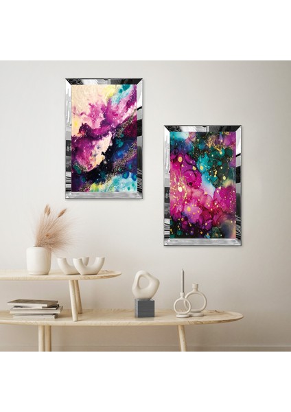 Gümüş Aynalı Pleksi Çerçeveli Renkli Üzeri Altın Püskürtmeli Soyut Desenli Ikili Mdf Tablo Seti fiyatları