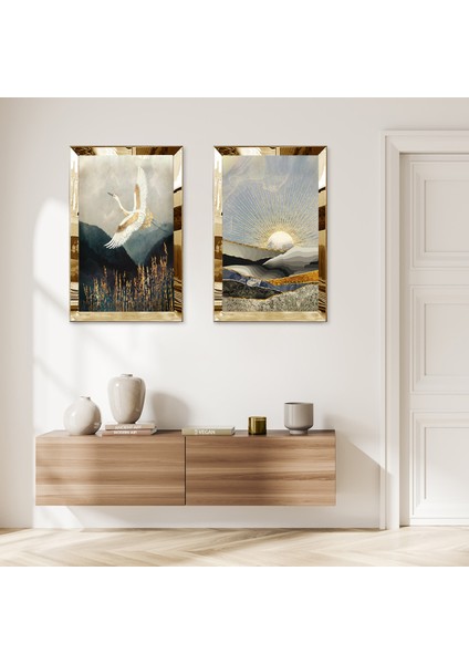 Gold Aynalı Pleksi Çerçeveli Uçan Kuş Modern Ikili Mdf Tablo Seti