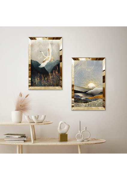 Gold Aynalı Pleksi Çerçeveli Uçan Kuş Modern Ikili Mdf Tablo Seti fiyatları