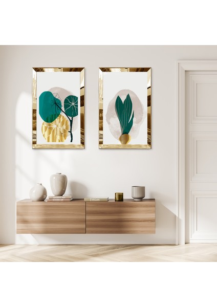 Gold Aynalı Pleksi Çerçeveli Beyaz Arka Planlı Yeşil Bitki Ikili Mdf Tablo Seti
