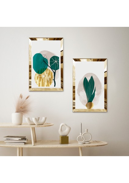 Gold Aynalı Pleksi Çerçeveli Beyaz Arka Planlı Yeşil Bitki Ikili Mdf Tablo Seti fiyatları