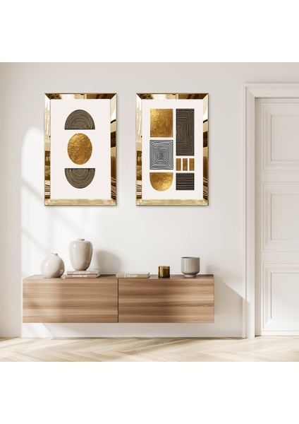 Gold Aynalı Pleksi Çerçeveli Beyaz Arka Planlı Dekoratif Soyut Şekiller Ikili Mdf Tablo Seti