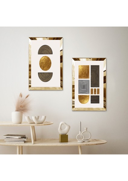 Gold Aynalı Pleksi Çerçeveli Beyaz Arka Planlı Dekoratif Soyut Şekiller Ikili Mdf Tablo Seti fiyatları