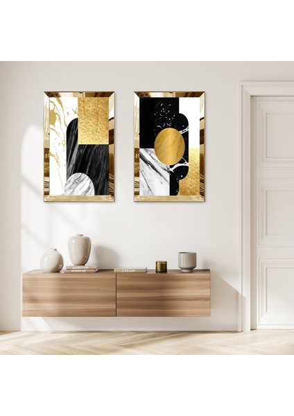 Gold Aynalı Pleksi Çerçeveli Beyaz Arka Planlı Modern Gold ve Siyah Desenler Ikili Mdf Tablo Seti