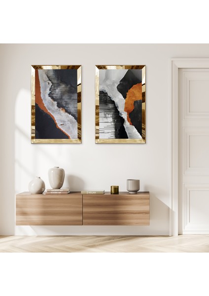 Gold Aynalı Pleksi Çerçeveli Gri Soyut Boya Dalgaları Dekoratif Ikili Mdf Tablo Seti