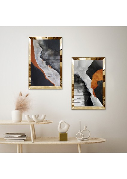 Gold Aynalı Pleksi Çerçeveli Gri Soyut Boya Dalgaları Dekoratif Ikili Mdf Tablo Seti fiyatları