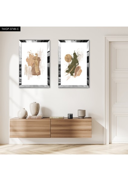 Gümüş Aynalı Pleksi Çerçeveli Beyaz Arka Planlı Koyu Yeşil Soyut Şekiller Ikili Mdf Tablo Seti