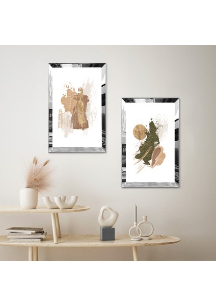 Gümüş Aynalı Pleksi Çerçeveli Beyaz Arka Planlı Koyu Yeşil Soyut Şekiller Ikili Mdf Tablo Seti fiyatları