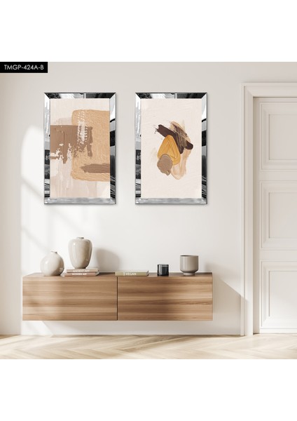 Gümüş Aynalı Pleksi Çerçeveli Renkli Soyut Çizim Ikili Mdf Tablo Seti