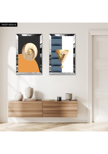 Gümüş Aynalı Pleksi Çerçeveli Renkli Arka Planlı Dekoratif Soyut Şekiller Ikili Mdf Tablo Seti