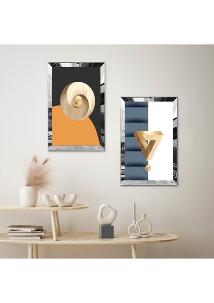 Gümüş Aynalı Pleksi Çerçeveli Renkli Arka Planlı Dekoratif Soyut Şekiller Ikili Mdf Tablo Seti fiyatları