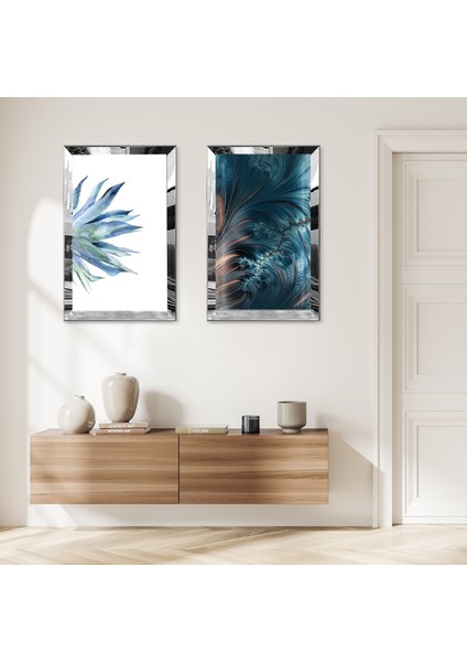 Gümüş Aynalı Pleksi Çerçeveli Beyaz Arka Planlı Mavi Çiçek Ikili Mdf Tablo Seti