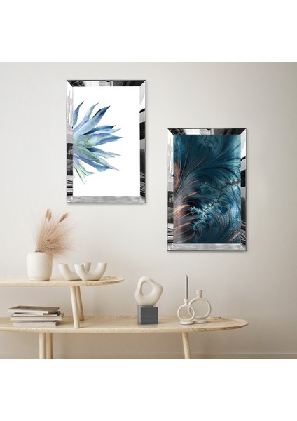 Gümüş Aynalı Pleksi Çerçeveli Beyaz Arka Planlı Mavi Çiçek Ikili Mdf Tablo Seti fiyatları