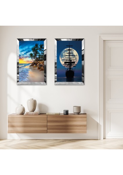 Gümüş Aynalı Pleksi Çerçeveli Modern Yazın Deniz Manzaralı Ikili Mdf Tablo Seti
