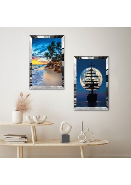 Gümüş Aynalı Pleksi Çerçeveli Modern Yazın Deniz Manzaralı Ikili Mdf Tablo Seti fiyatları