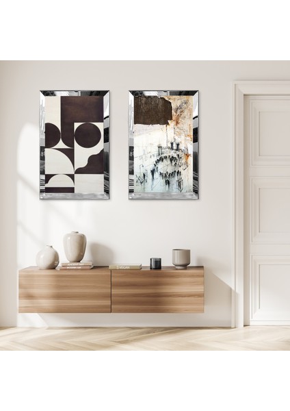 Gümüş Aynalı Pleksi Çerçeveli Modern Soyut Desenler Ikili Mdf Tablo Seti