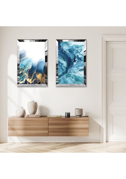 Gümüş Aynalı Pleksi Çerçeveli Mavi Deniz Dalgaları Dekoratif Ikili Mdf Tablo Seti