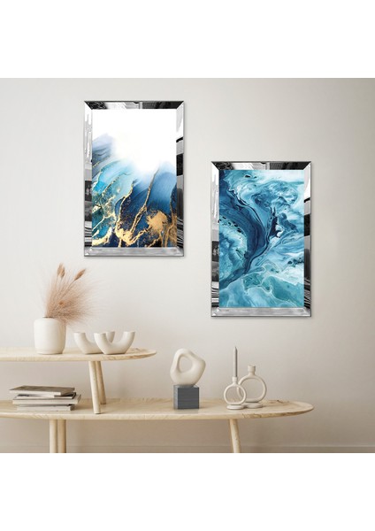 Gümüş Aynalı Pleksi Çerçeveli Mavi Deniz Dalgaları Dekoratif Ikili Mdf Tablo Seti fiyatları