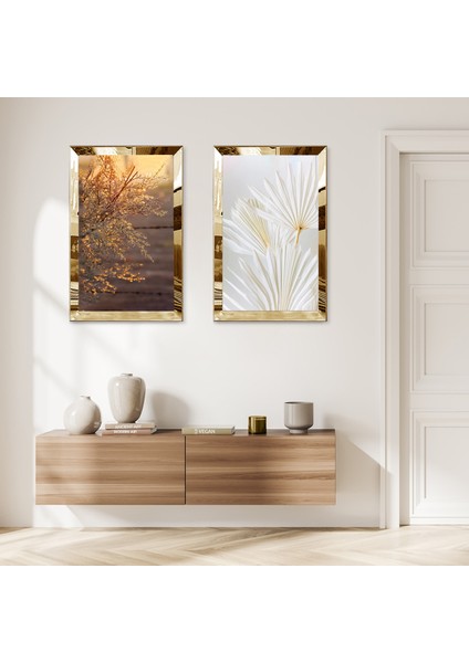 Gold Aynalı Pleksi Çerçeveli Soyut Çiçekler Ikili Mdf Tablo Seti