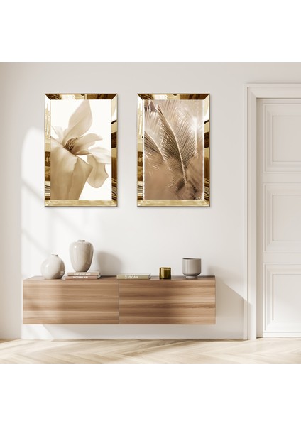 Gold Aynalı Pleksi Çerçeveli Modern Bitki Modern Ikili Mdf Tablo Seti